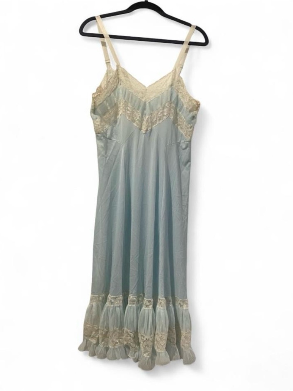 Light Blue Satin Lace-Trim Slip Dress with Cream Accents